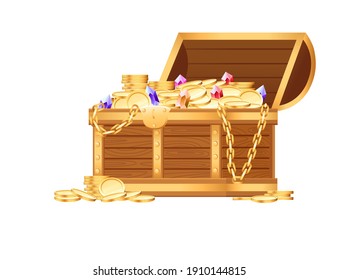 Wooden open chest with golden coins and luxury gems pirate treasure box game asset vector illustration on white background