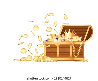 Wooden open chest with golden coins and gems with crown pirate treasure box game asset vector illustration on white background