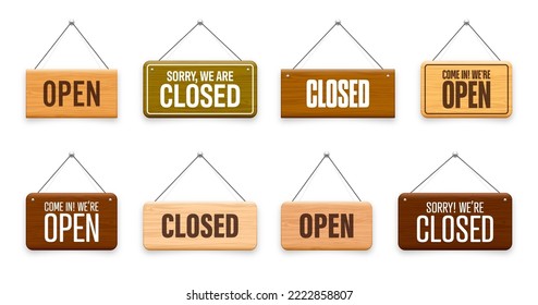 Wooden open or closed hanging signboards. Made of wood door sign for cafe, restaurant, bar or retail store. Announcement banner, information signage for business or service. Vector illustration