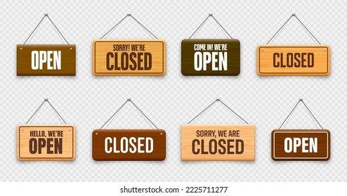 Wooden open or closed hanging signboards. Made of wood door sign for cafe, restaurant, bar or retail store. Announcement banner, information signage for business or service. Vector illustration