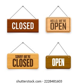 Wooden open or closed hanging signboards. Made of wood door sign for cafe, restaurant, bar or retail store. Announcement banner, information signage for business or service. Vector illustration