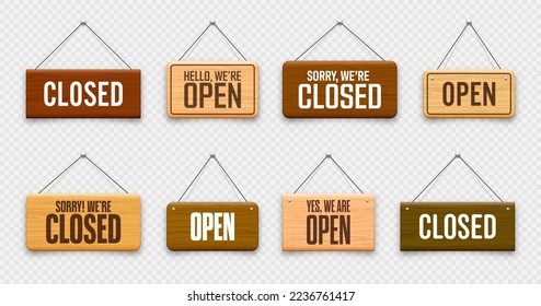 Wooden open or closed hanging signboards. Made of wood door sign for cafe, restaurant, bar or retail store. Announcement banner, information signage for business or service. Vector illustration