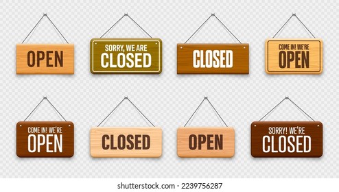 Wooden open or closed hanging signboards. Made of wood door sign for cafe, restaurant, bar or retail store. Announcement banner, information signage for business or service. Vector illustration