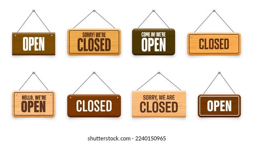 Wooden open or closed hanging signboards. Made of wood door sign for cafe, restaurant, bar or retail store. Announcement banner, information signage for business or service. Vector illustration - Shutterstock ID 2240150965