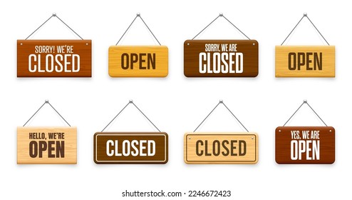 Wooden open or closed hanging signboards. Made of wood door sign for cafe, restaurant, bar or retail store. Announcement banner, information signage for business or service. Vector illustration