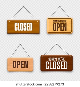 Wooden open or closed hanging signboards. Made of wood door sign for cafe, restaurant, bar or retail store. Announcement banner, information signage for business or service. Vector illustration