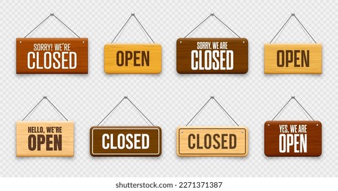 Wooden open or closed hanging signboards. Made of wood door sign for cafe, restaurant, bar or retail store. Announcement banner, information signage for business or service. Vector illustration