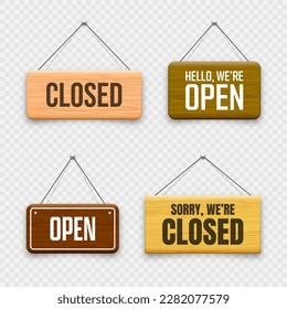 Wooden open or closed hanging signboards. Made of wood door sign for cafe, restaurant, bar or retail store. Announcement banner, information signage for business or service. Vector illustration