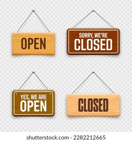 Wooden open or closed hanging signboards. Made of wood door sign for cafe, restaurant, bar or retail store. Announcement banner, information signage for business or service. Vector illustration