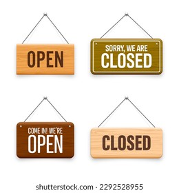 Wooden open or closed hanging signboards. Made of wood door sign for cafe, restaurant, bar or retail store. Announcement banner, information signage for business or service. Vector illustration