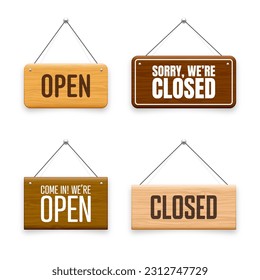 Wooden open or closed hanging signboards. Made of wood door sign for cafe, restaurant, bar or retail store. Announcement banner, information signage for business or service. Vector illustration