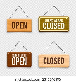 Wooden open or closed hanging signboards. Made of wood door sign for cafe, restaurant, bar or retail store. Announcement banner, information signage for business or service. Vector illustration