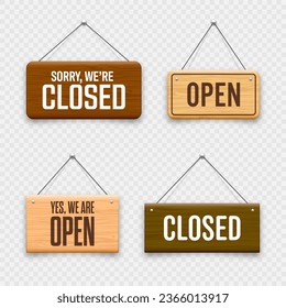Wooden open or closed hanging signboards. Made of wood door sign for cafe, restaurant, bar or retail store. Announcement banner, information signage for business or service. Vector illustration