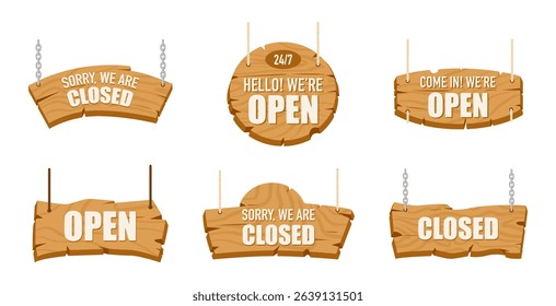 Wooden open or closed signboards. Hanging information boards for bar, cafe or restaurant, retail store wood board flat vector illustration set. Open or closed signboards