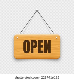 Wooden open hanging signboard. Vintage made of wood door sign for cafe, restaurant, bar or retail store. Announcement banner, information signage for business or service. Vector illustration