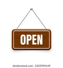 Wooden open hanging signboard. Vintage made of wood door sign for cafe, restaurant, bar or retail store. Announcement banner, information signage for business or service. Vector illustration