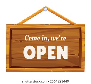 Wooden open sign with rope hanger, ideal for shop displays or welcoming signs. Vector cartoon illustration