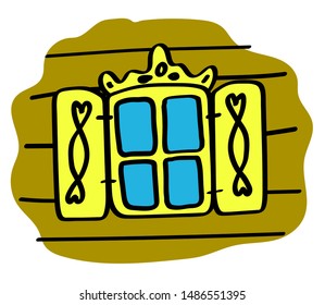 Wooden open window on a wooden wall. Vector illustration.