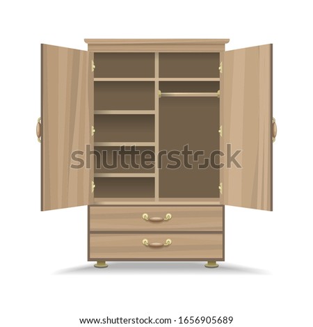 Wooden opened wardrobe. Empty natural wood retro closet for interior, dress storage cabinet cartoon vector illustration