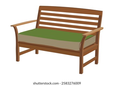 Wooden outdoor bench with green and beige cushion, patio garden furniture illustration