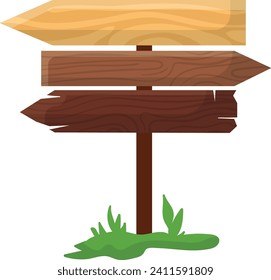 Wooden outdoor countryside pointer direction, concept line indicator wood arrow cartoon vector illustration, isolated on white. Sign standing with green leaf grass, timber rustic cursor.
