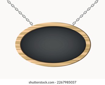 Wooden oval board on chains on a white background. Vector illustration