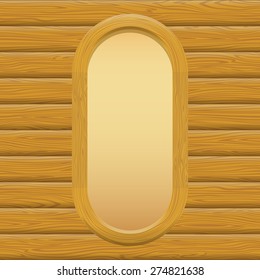 Wooden Oval Frame with Empty Paper on a Log Wall. Vector