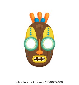 Wooden oval shaped african mask with large round eyes and opened mouth isolated on white background