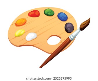 Wooden paint palette with colors and a paintbrush. Vector cartoon illustration