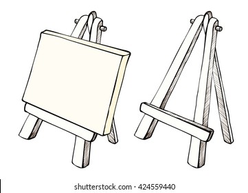 Wooden painting easel with blank canvas. Cartoon black and white hand drawn sketch style easel isolated on white background. Easel with blank canvas and empty easel. Vector illustration.