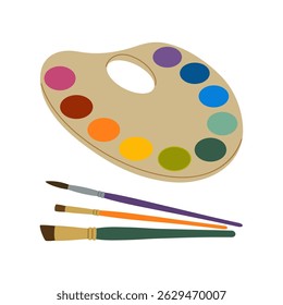Wooden palette with colored paints and brushes. Artistic supplies, painting tools. Hand drawn vector illustration isolated on white background, modern flat cartoon style.