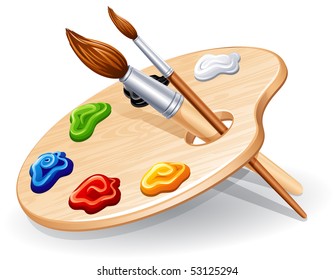 Wooden palette with paints and brushes - vector illustration.