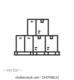 wooden pallet with boxes icon, export cargo, carton crates package, thin line symbol on white background - editable stroke vector illustration