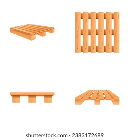 Wooden pallet icons set cartoon vector. Wood tray for cargo transportation. Warehousing equipment