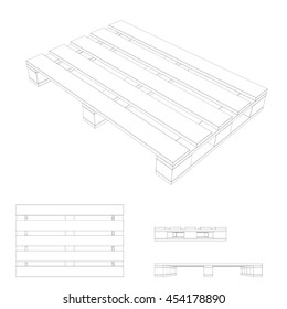 Wooden pallet. Isolated on white background. 3d Vector outline illustration.Top,front,side view.