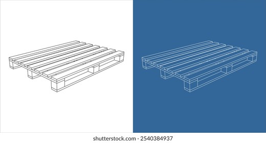 Wooden pallet isometric vector technical drawing blueprint line illustration isolated on transparent background