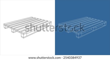 Wooden pallet isometric vector technical drawing blueprint line illustration isolated on transparent background