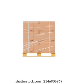 Wooden pallet storage tray with stack of parcels wrapped in the stretch film ready for transportation, flat vector illustration isolated on white background.