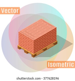 Wooden pallets of bricks in isometric view. Vector flat illustration.