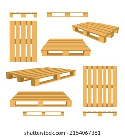 Wooden pallets cartoon icons or symbols set from different angles, flat vector illustration isolated on white background. Storage wooden pallet collection.