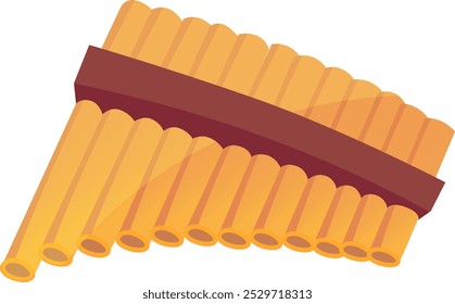 The wooden pan flute features an array of brightly colored yellow tubes expertly arranged in a triangular formation representing traditional musical instruments and craftsmanship.