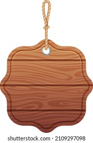 Wooden panel hanging on string. Blank banner template