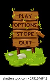 Wooden panel icons, banner with arrow for the game.