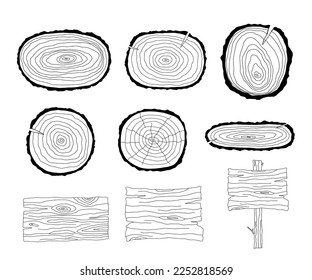 Wooden panel with texture on tree set. Vector monochrome illustration isolated on white.