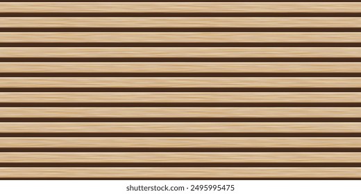 Wooden panel wall background. Horizontal wooden planks with seamless pattern creating rustic backdrop. Light and dark stripes emphasize texture and natural wood grain. Furniture design.