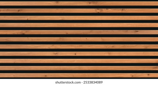 Wooden panel wall background. Horizontal wooden planks with seamless pattern creating rustic backdrop. Light and dark stripes emphasize texture and natural wood grain. Furniture design.