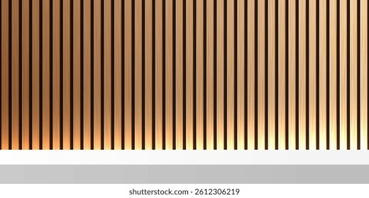Wooden panel wall illuminated from below and white countertop. Bamboo wall with shelf. Natural wood background with table for product display. Realistic vector backdrop.