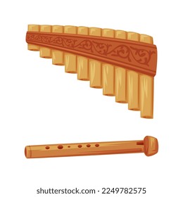 Wooden Panpipe and Flute as Romania Traditional Symbol and Object Vector Set