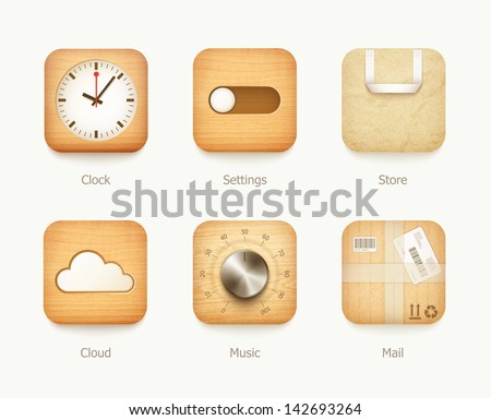 wooden and paper icons app set. eps10 vector illustration