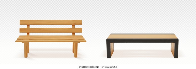 Wooden park or backyard bench front view. Realistic vector illustration set of long chair with light brown wood texture for public city garden. Street furniture made of deck plank. Outdoor seat.